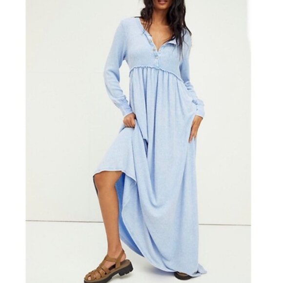 Free People Dresses & Skirts - Free People Blue Marissa Henley Waffle Knit Long Sleeve Maxi Dress Oversized XS